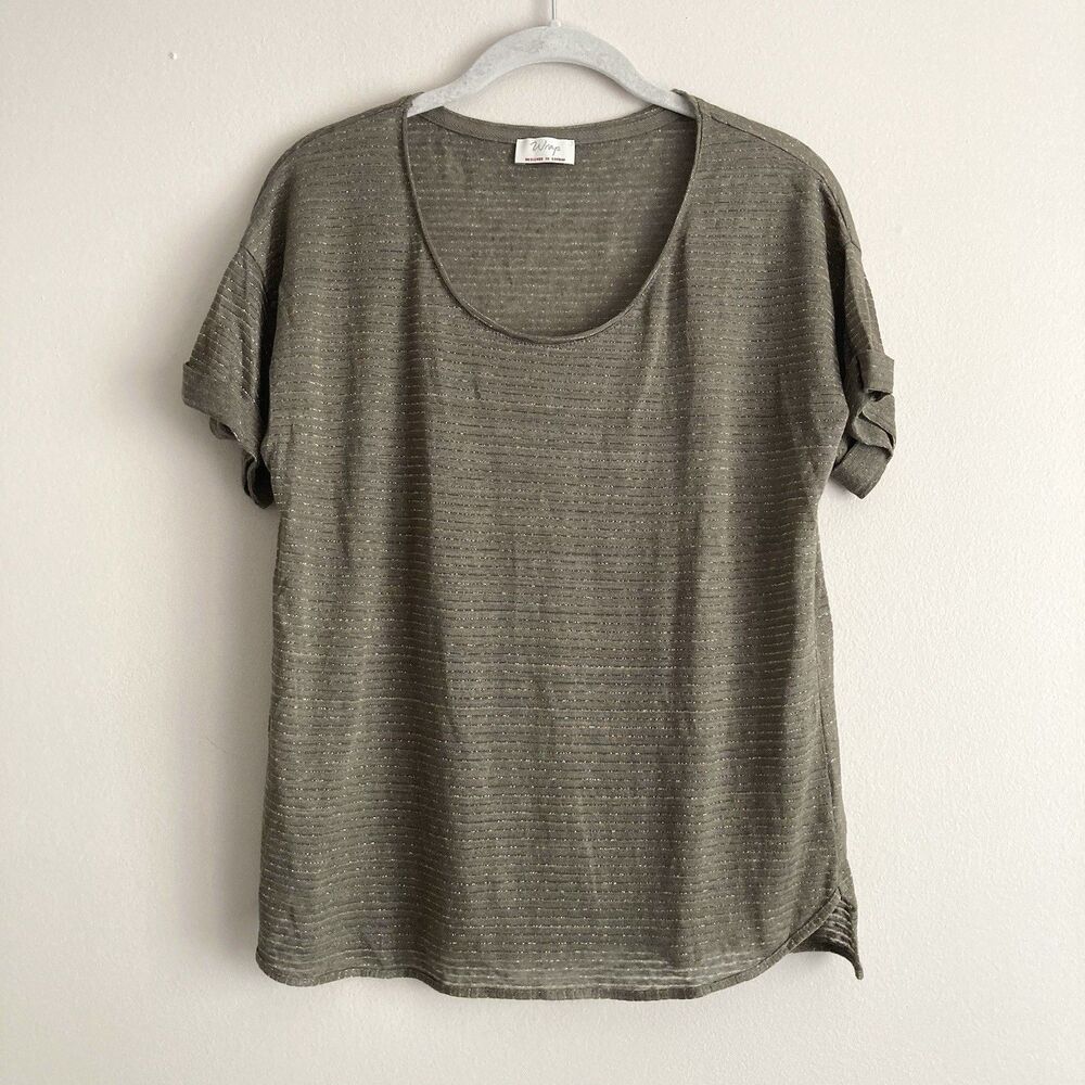 WRAP London Womens Linen Blend Pullover Short Sleeve Shirt Size 8 Gray Gold